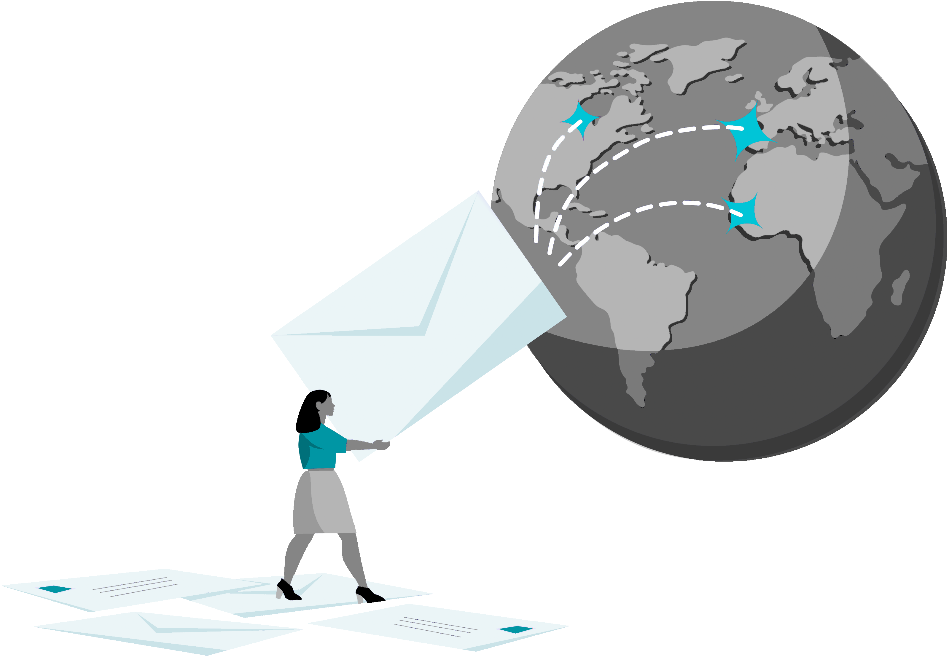 Image of paper letters being sent to several parts of the globe.